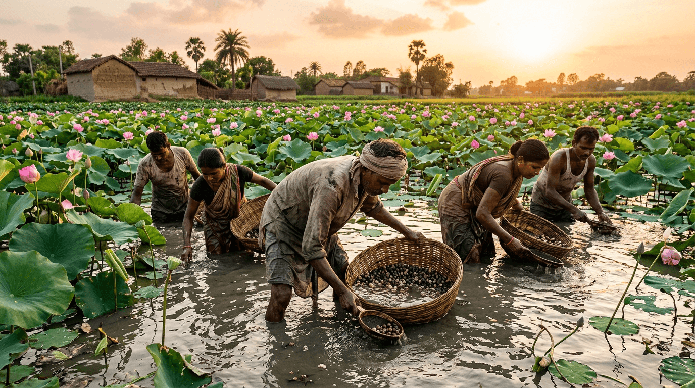 Farmers harvesting makhana in Bihar